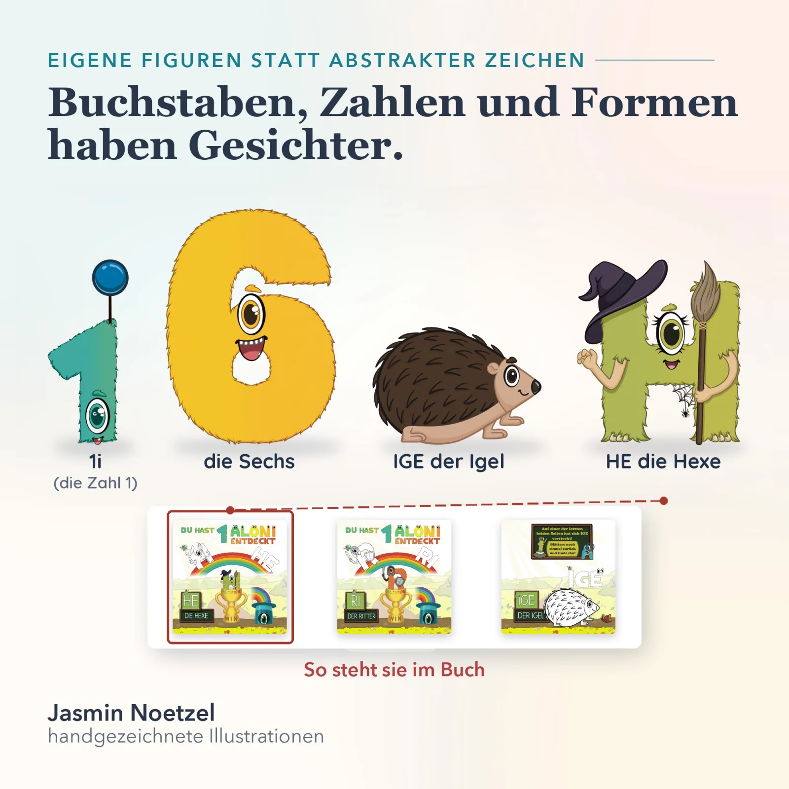 Zahl 1, die Sechs, IGE der Igel und HE die Hexe aus Hallo Herbst, handgezeichnet von Jasmin Noetzel – Alonies-Figuren selbständig entdecken.