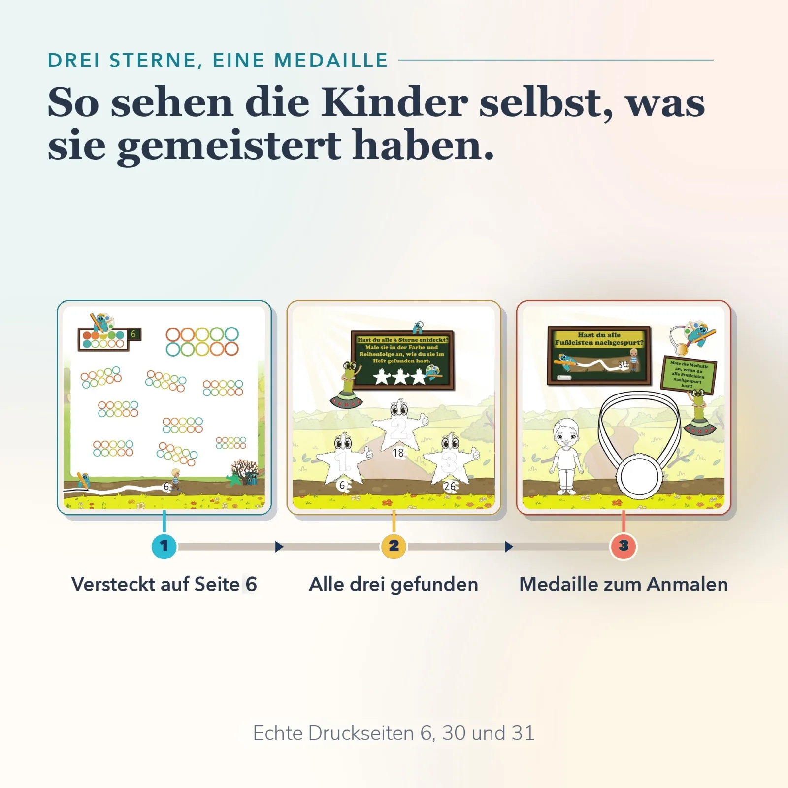 Stern auf Seite 6, alle drei gefunden, Medaille zum Anmalen: Im Alonies Herbstbuch verfolgen Kinder ihren Fortschritt selbständig.