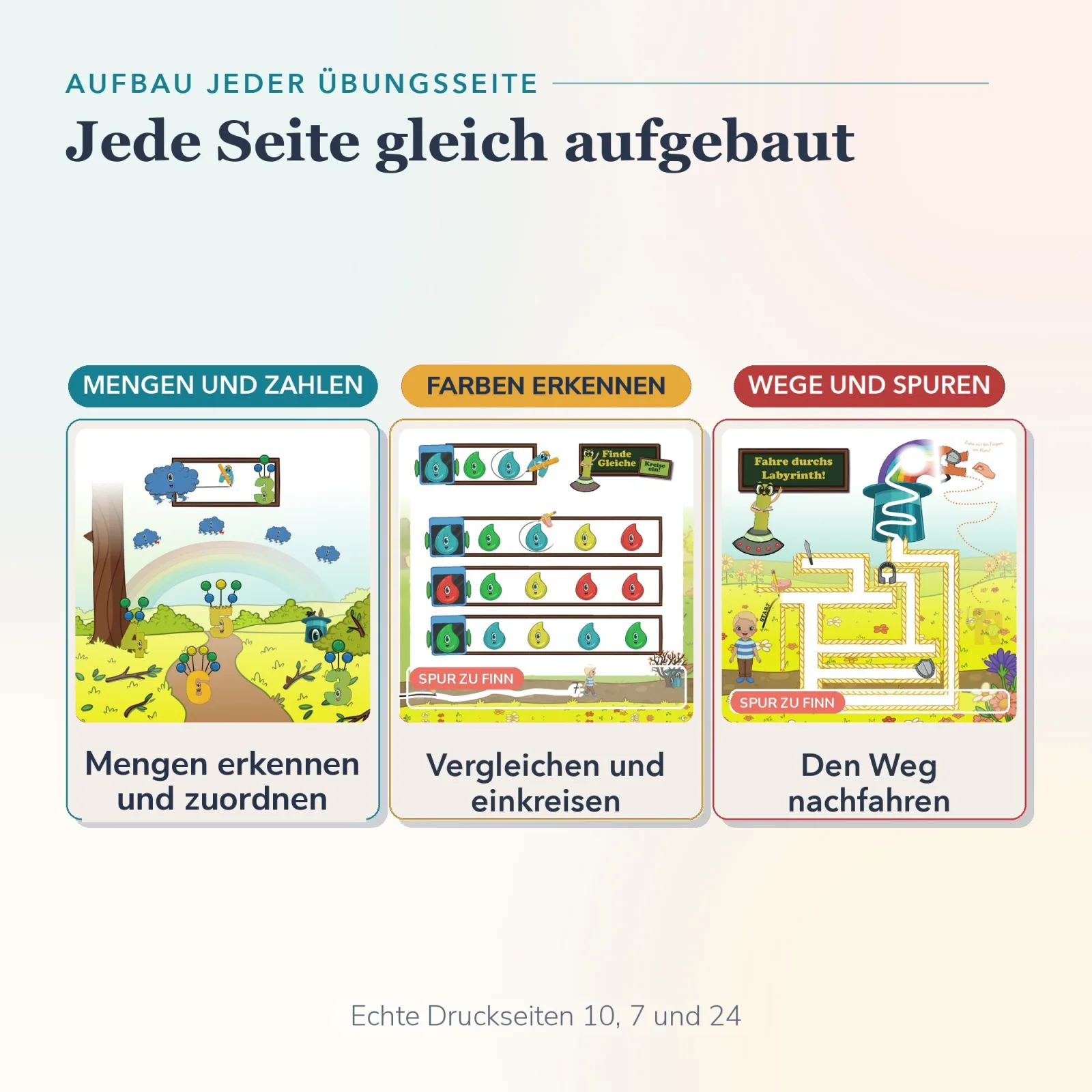 Drei Seiten aus Hallo Herbst von Alonies: Mengen zuordnen, Farben vergleichen und einkreisen, Labyrinth nachfahren – selbständig und spielerisch üben.