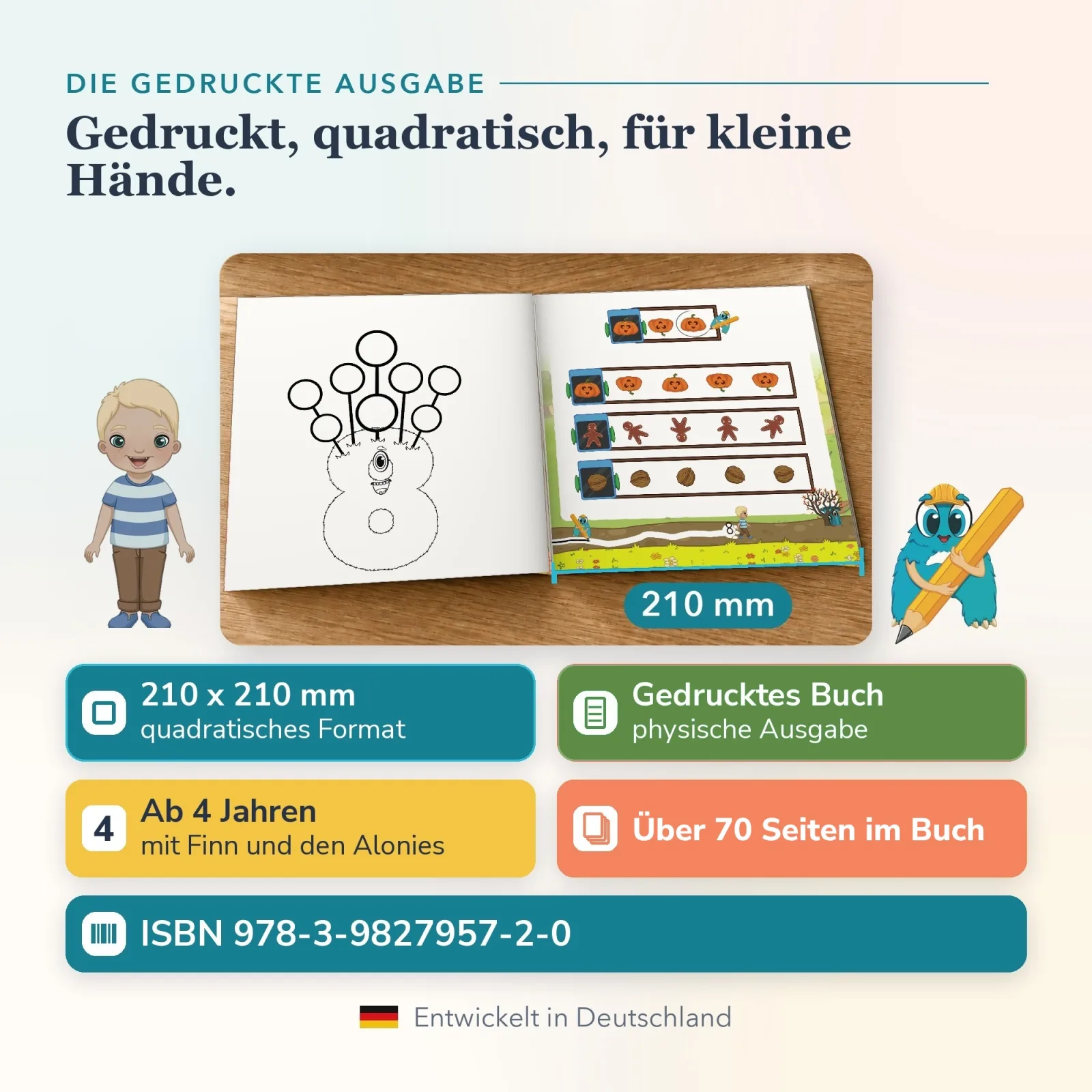 QuizKids Hallo Herbst als Buch, 210 × 210 mm, über 70 Seiten, ab 4 Jahren mit Finn – Kürbisse und Walnüsse selbständig zählen und vergleichen. Alonies.