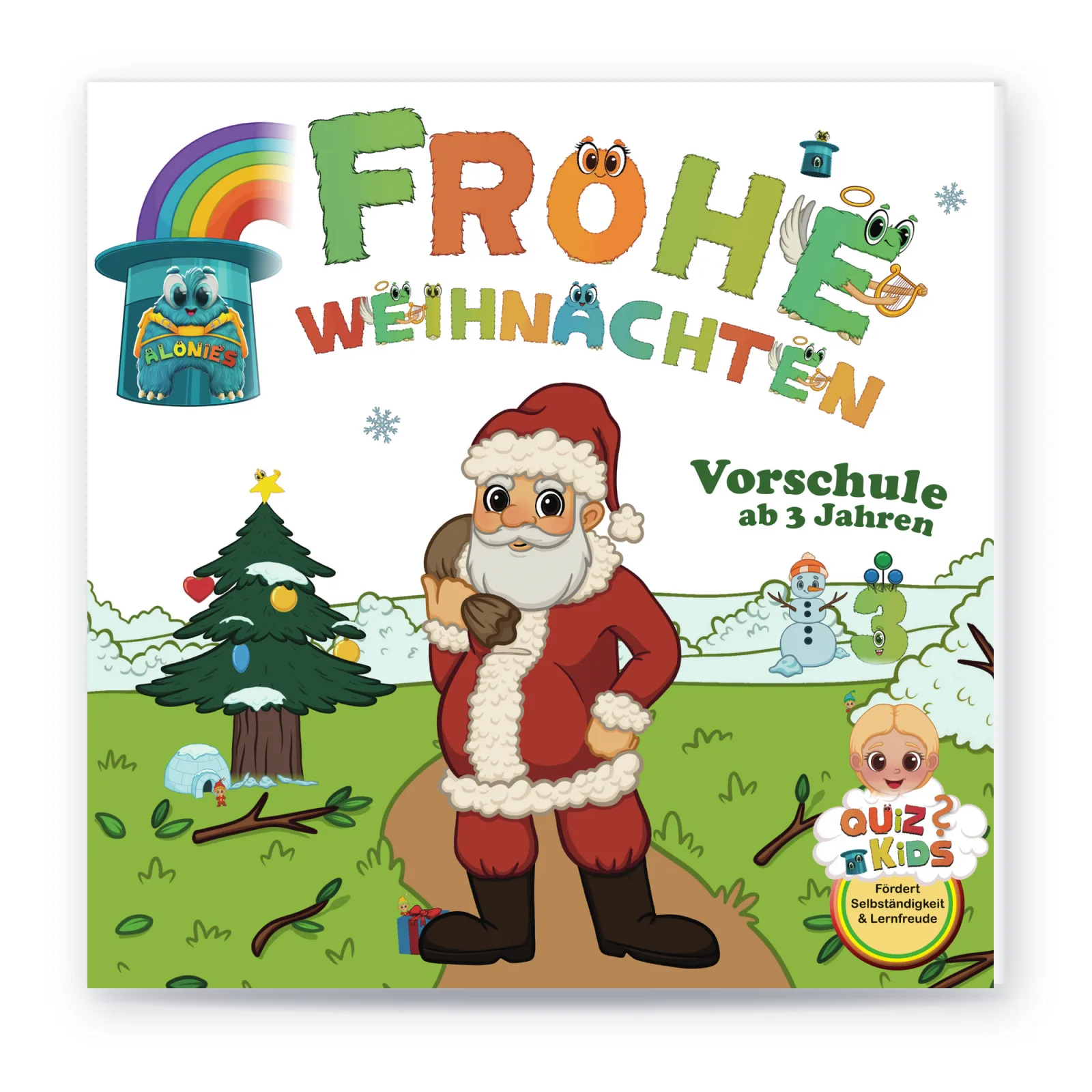 Cover QuizKids Frohe Weihnachten von Alonies: Weihnachtsmann mit Sack, Tannenbaum und Schneemann, ab 3 Jahren – für selbstständiges Lernen im Advent.