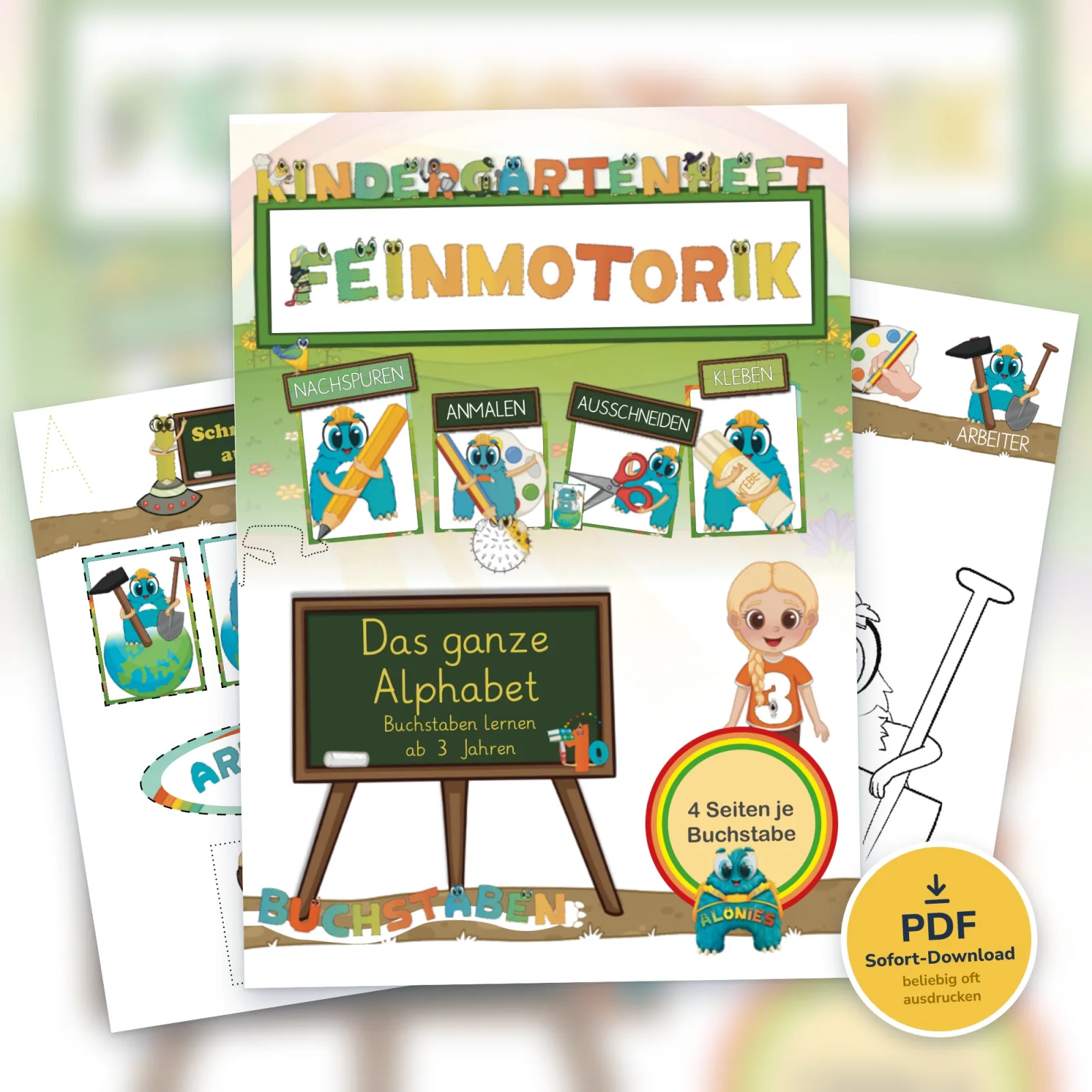 Kindergartenheft Feinmotorik „Das ganze Alphabet“ von Alonies als PDF: Kinder ab 4 Jahren lernen Buchstaben selbstständig und spielerisch.