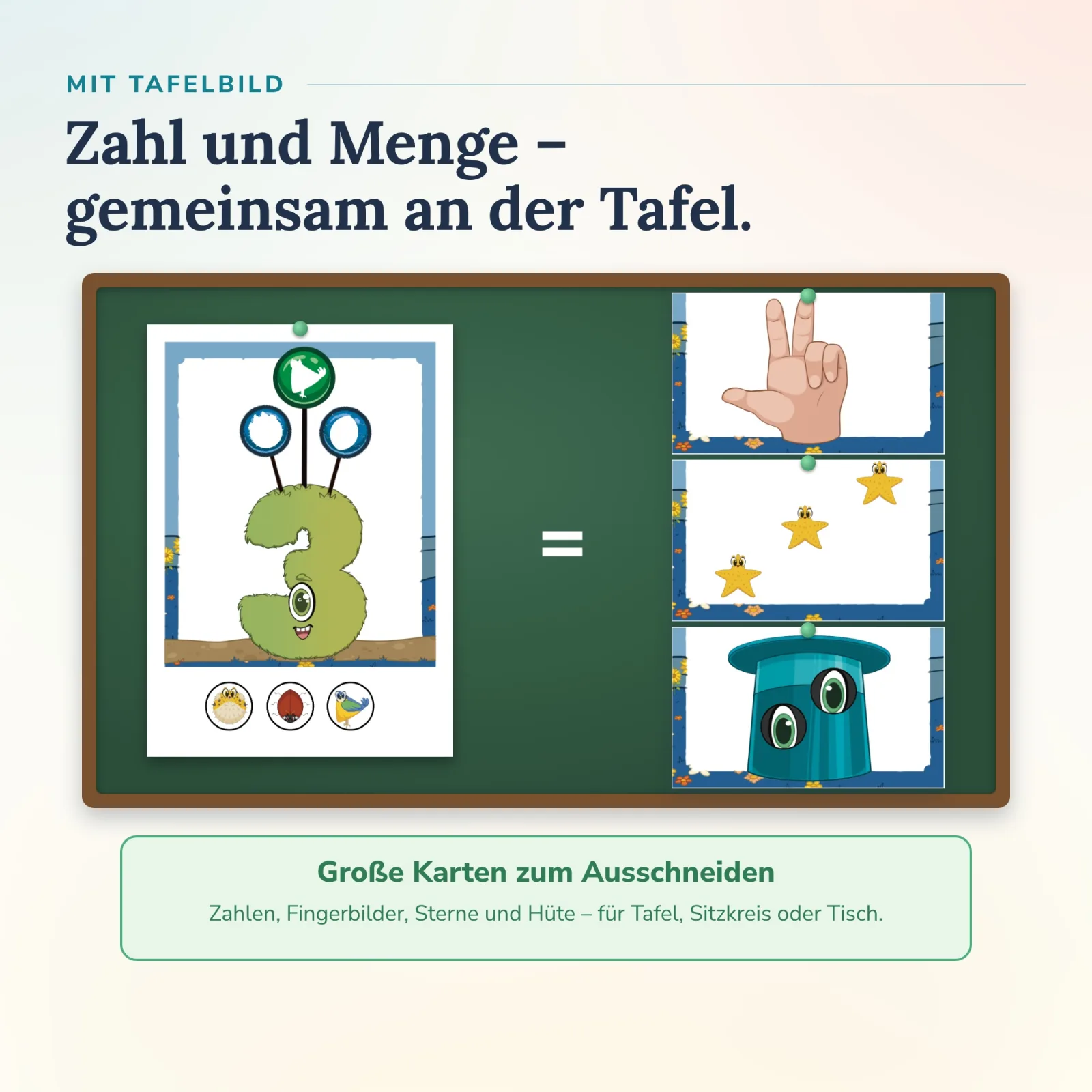 Tafelbild: Antennenzahl 3 gleich drei Finger, drei Sterne und Hut mit drei Augen – Alonies Tafelmaterial Zahlen und Mengen für selbstständiges Lernen.