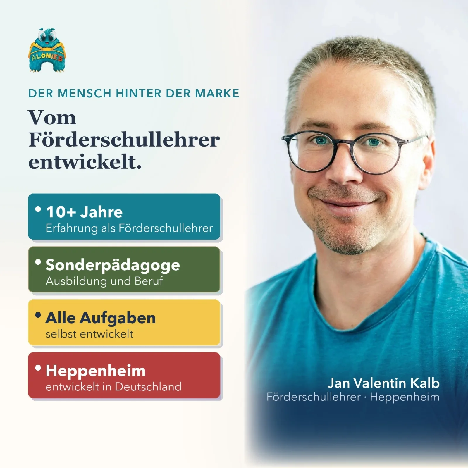 Jan Valentin Kalb, Förderschullehrer und Entwickler der Alonies, schuf das Tafelmaterial Zahlen und Mengen für selbständiges Zählen im Förderunterricht.