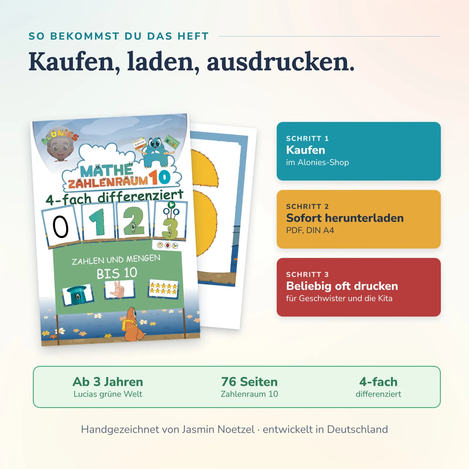 Alonies Lernkarten Zahlen erkennen als PDF in DIN A4: 76 Seiten im Zahlenraum 10 zum selbständigen Üben, beliebig oft drucken, handgezeichnet von Jasmin Noetzel.