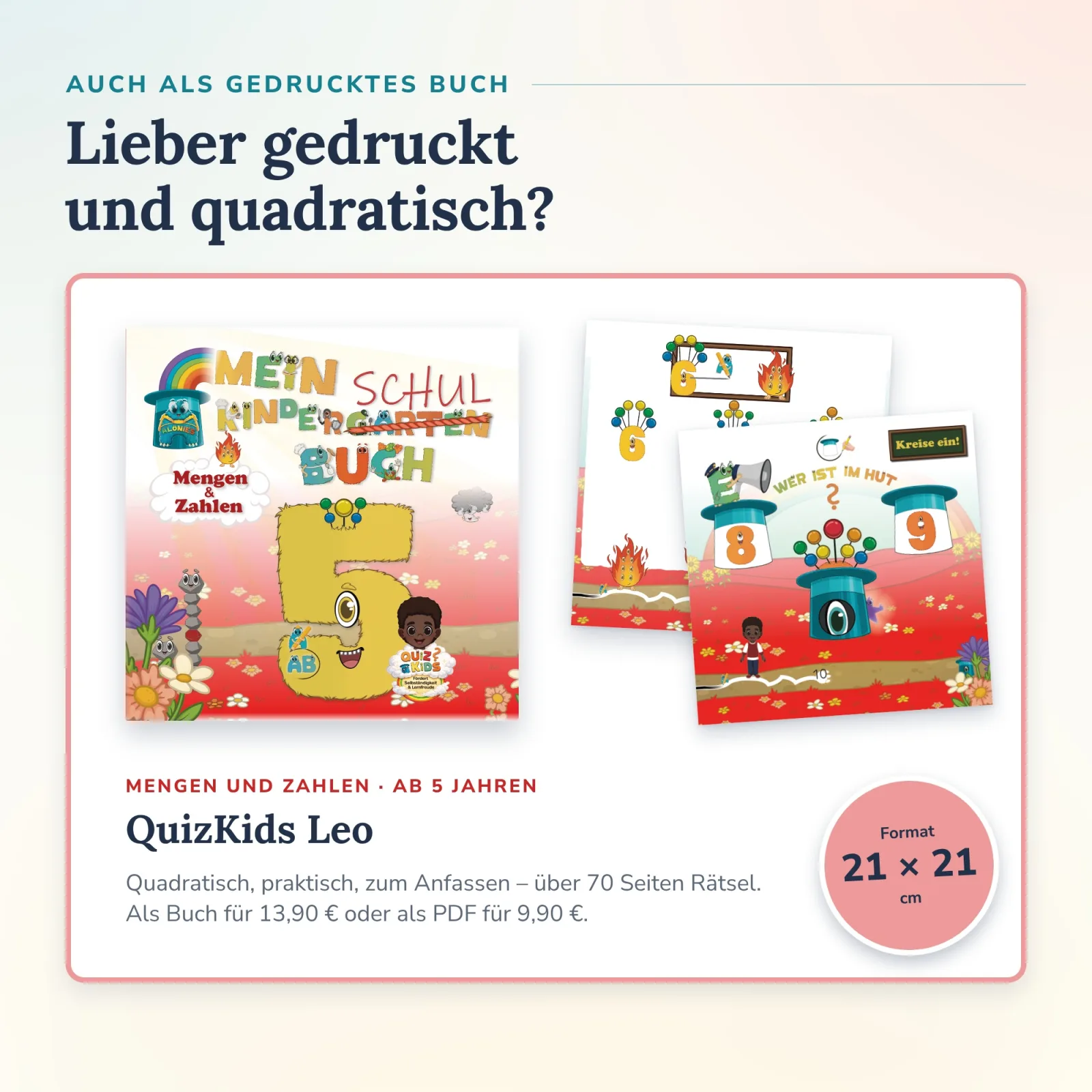 Vorschulbuch QuizKids Leo von Alonies ab 5 Jahren, gedruckt in 21 × 21 cm, mit Hut-Rätseln zu den Zahlen 8 und 9 für selbstständiges, spielerisches Lernen.