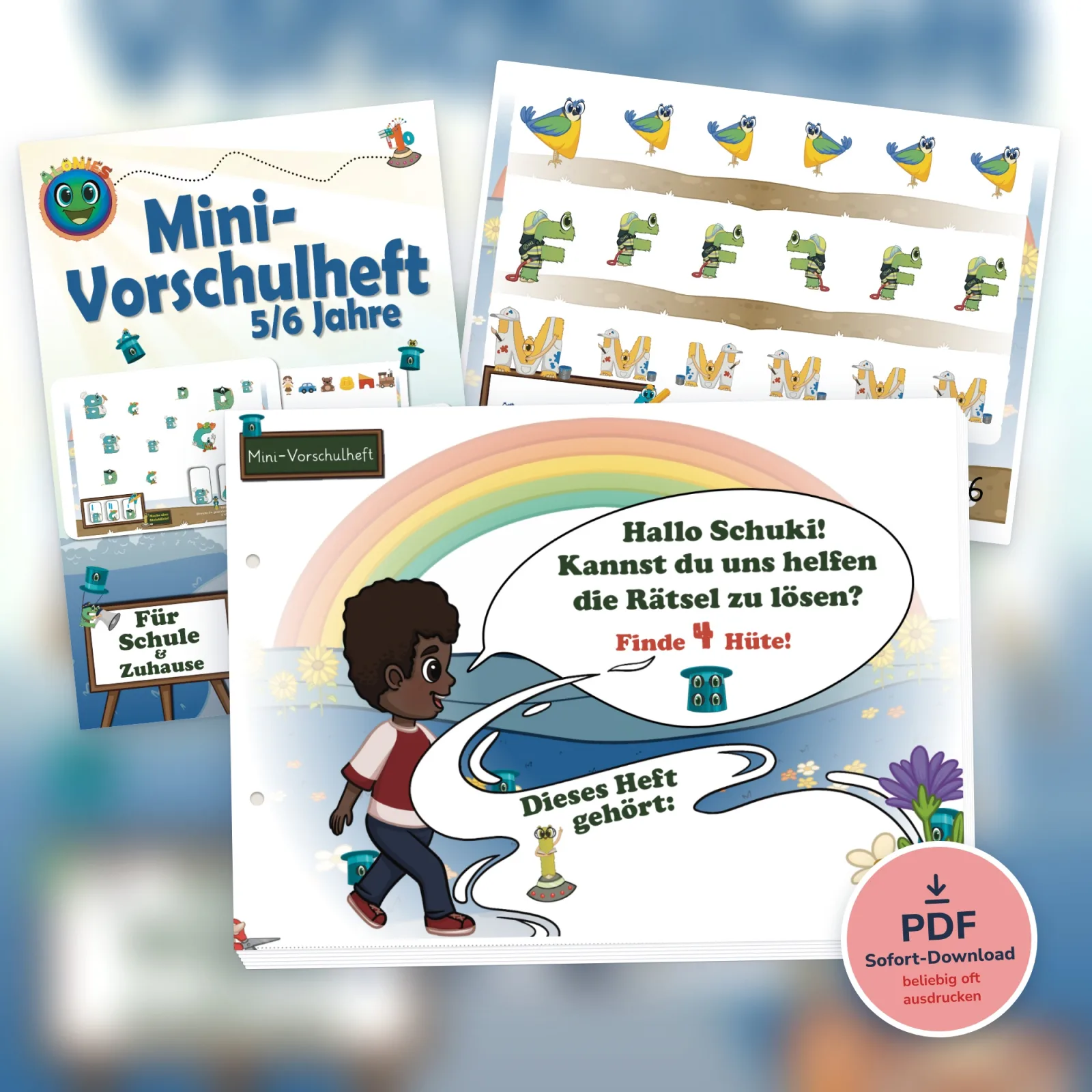 Mini-Vorschulheft von Alonies mit Schuki unterm Regenbogen: Vorschulheft ab 5 Jahren zum Ausdrucken für selbstständiges Rätseln.