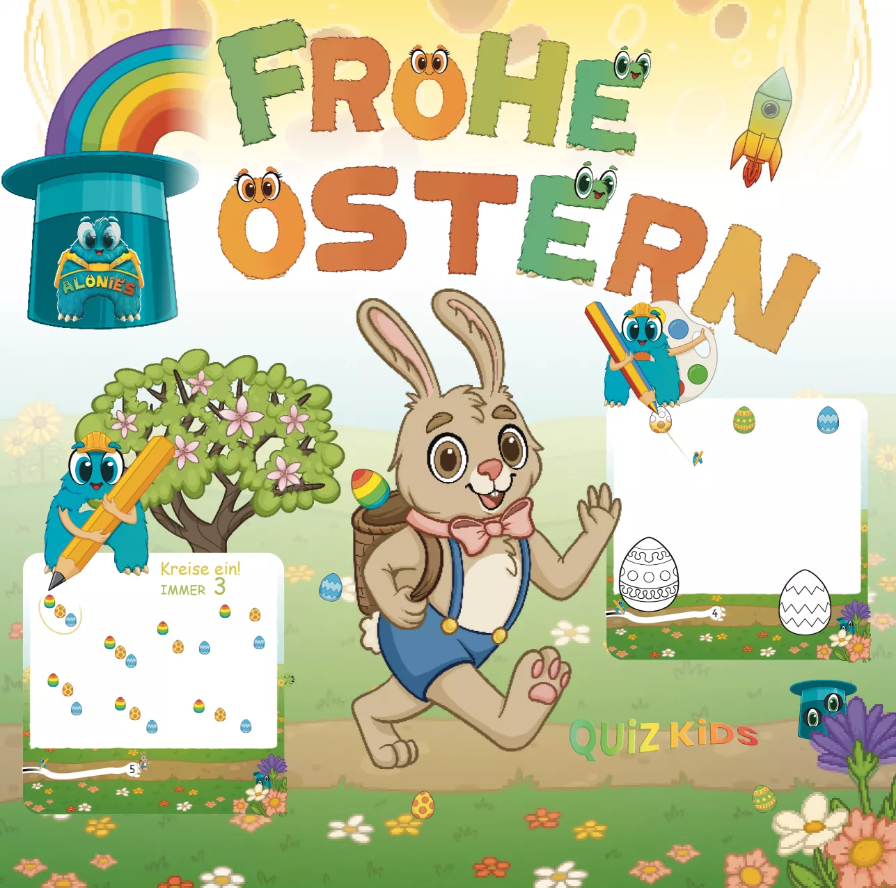 Fröhliches Osterbuch für Kinder ab 3 Jahren mit Rätseln, Ausmalbildern und liebevollen Alonie-Figuren. Fördert Konzentration, Farbenlernen und Feinmotorik – perfekt für Frühling und Vorschule.