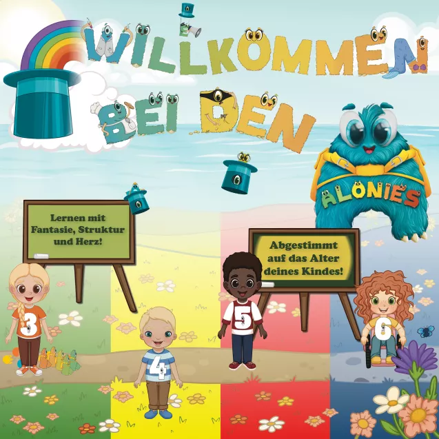 Cover des kostenlosen Willkommenshefts der Alonies in der sechsten Auflage mit der neuen Figur Sofia. Das Vorschulheft ist liebevoll gestaltet, fördert selbstständiges Lernen und zeigt, wie sich die Alonies über die letzten zwei Jahre stetig weiterentwickelt haben.
