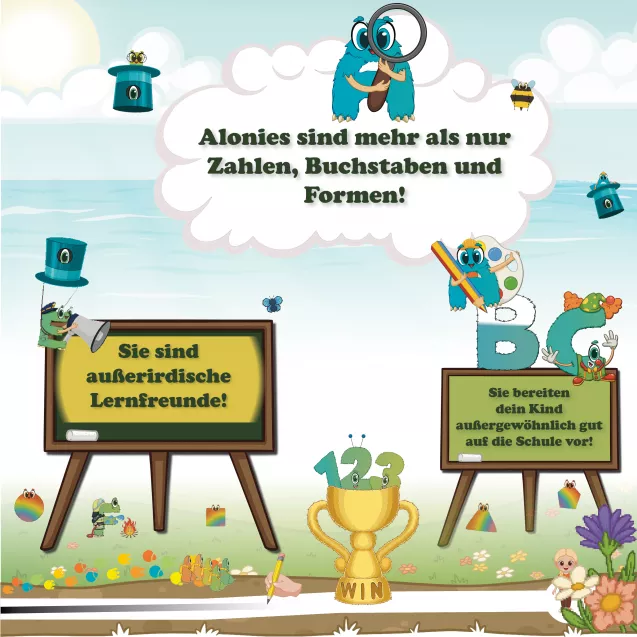 Alonies sind viel mehr als nur Zahlen, Buchstaben und Formen – sie sind liebevoll gestaltete Lernfreunde, die Kinder auf außergewöhnlich motivierende und altersgerechte Weise auf die Schule vorbereiten. Durch ihre visuelle Ansprache, didaktisch durchdachte Aufgaben und emotionale Verbindung zu den Kindern ermöglichen sie spielerisches Lernen mit nachhaltigem Erfolg. Alonies sind viel mehr als nur Zahlen, Buchstaben und Formen – sie sind liebevoll gestaltete Lernfreunde, die Kinder auf außergewöhnlich motivierende und altersgerechte Weise auf die Schule vorbereiten. Durch ihre visuelle Ansprache, didaktisch durchdachte Aufgaben und emotionale Verbindung zu den Kindern ermöglichen sie spielerisches Lernen mit nachhaltigem Erfolg.