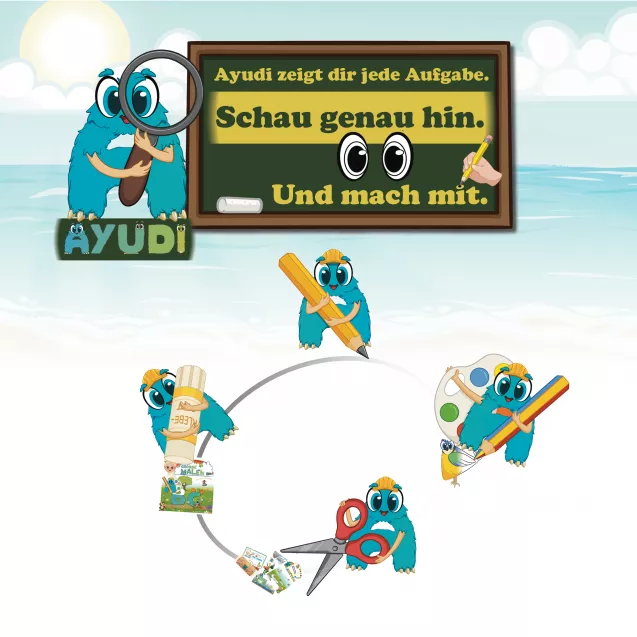 Ayudi, der visuelle Begleiter der Alonis, zeigt jeder Altersgruppe die Aufgaben kindgerecht und motivierend. Ob Ausschneiden, Kleben, Anmalen oder Nachspuren – Ayudi hilft Schritt für Schritt dabei, selbstständig und mit Freude zu lernen. Ayudi, der visuelle Begleiter der Alonis, zeigt jeder Altersgruppe die Aufgaben kindgerecht und motivierend. Ob Ausschneiden, Kleben, Anmalen oder Nachspuren – Ayudi hilft Schritt für Schritt dabei, selbstständig und mit Freude zu lernen.