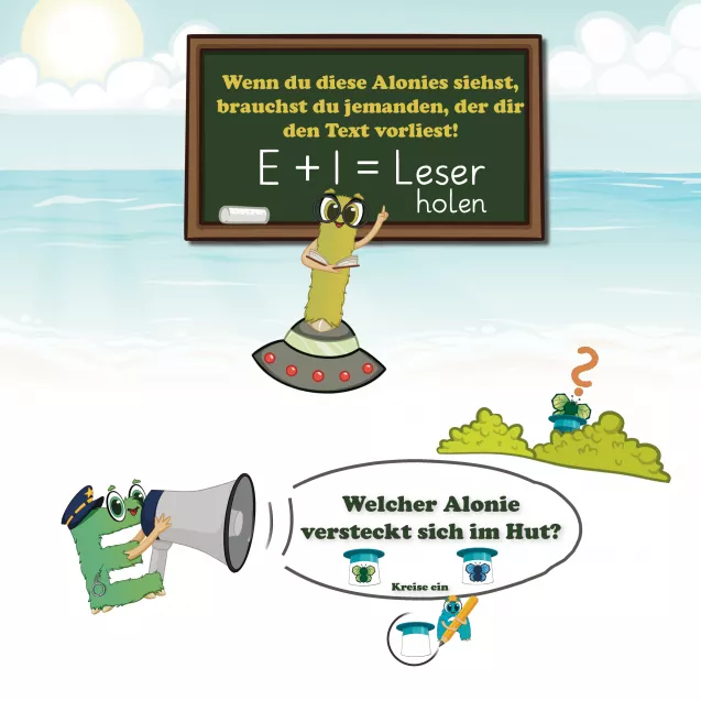 Die Figuren Explaini und Informi markieren Aufgaben, bei denen ein Erwachsener den Text vorlesen oder helfen sollte. So lernen Kinder ganz intuitiv, wann sie Hilfe brauchen – und wann sie Aufgaben schon selbstständig lösen können. Das stärkt Selbstvertrauen, Selbstwirksamkeit und das Gefühl für selbstbestimmtes Lernen. Die Figuren Explaini und Informi markieren Aufgaben, bei denen ein Erwachsener den Text vorlesen oder helfen sollte. So lernen Kinder ganz intuitiv, wann sie Hilfe brauchen – und wann sie Aufgaben schon selbstständig lösen können. Das stärkt Selbstvertrauen, Selbstwirksamkeit und das Gefühl für selbstbestimmtes Lernen.