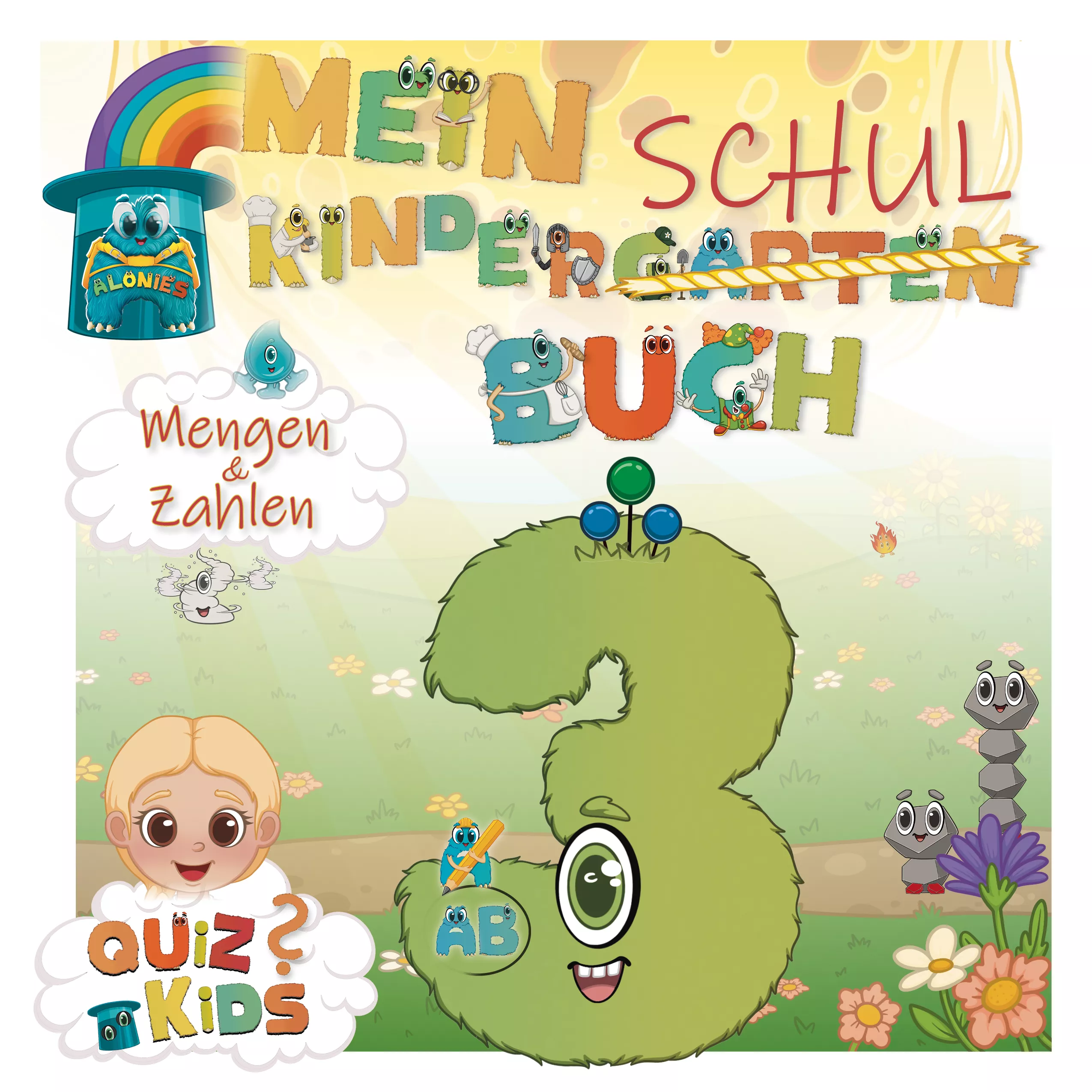 Lernbuch für Kinder ab 3 Jahren im Zahlenraum bis 4. Mit 3-facher Aufgabenstruktur, kindgerechten Figuren und der Alonie-Zahl 3 mit drei Zähnen und Antennen – ideal für Kita, Kindergarten und frühe Förderung.
