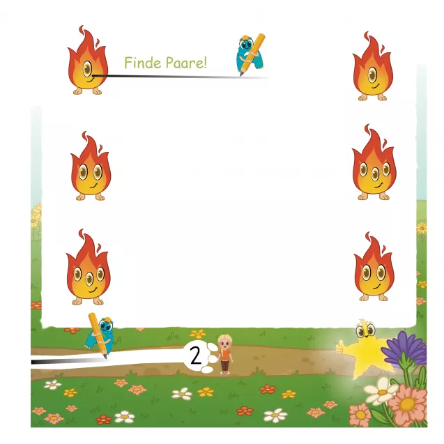 Aufgabe mit drei Schritten: Paare bilden, Fußspur nachspuren, Stern finden – visuelle Selbstlernseite im Kindergarten-Lernheft. Aufgabe mit drei Schritten: Paare bilden, Fußspur nachspuren, Stern finden – visuelle Selbstlernseite im Kindergarten-Lernheft.