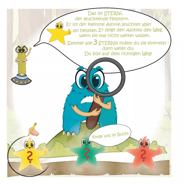 Sterni, der leuchtende Fellstern: Kinder sammeln drei Sterne im Buch – Motivation und Strukturhilfe im Vorschulbuch mit den Alonies. Sterni, der leuchtende Fellstern: Kinder sammeln drei Sterne im Buch – Motivation und Strukturhilfe im Vorschulbuch mit den Alonies.