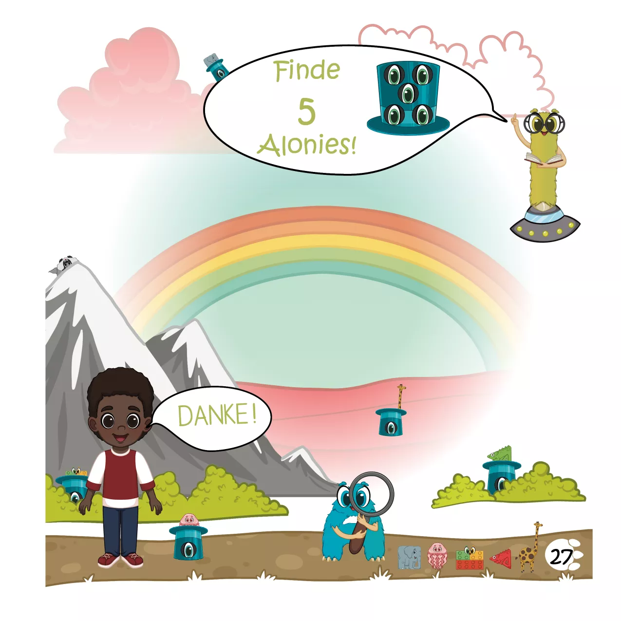 Wimmelbild aus Leos erstem Abenteuer: Fünf Alonis sind versteckt – wer genau hinschaut, entdeckt vielleicht sogar einen sechsten! Fördert visuelle Wahrnehmung, Konzentration, Motivation und spielerisches Entdecken für Kinder ab 5 Jahren. Wimmelbild aus Leos erstem Abenteuer: Fünf Alonis sind versteckt – wer genau hinschaut, entdeckt vielleicht sogar einen sechsten! Fördert visuelle Wahrnehmung, Konzentration, Motivation und spielerisches Entdecken für Kinder ab 5 Jahren.