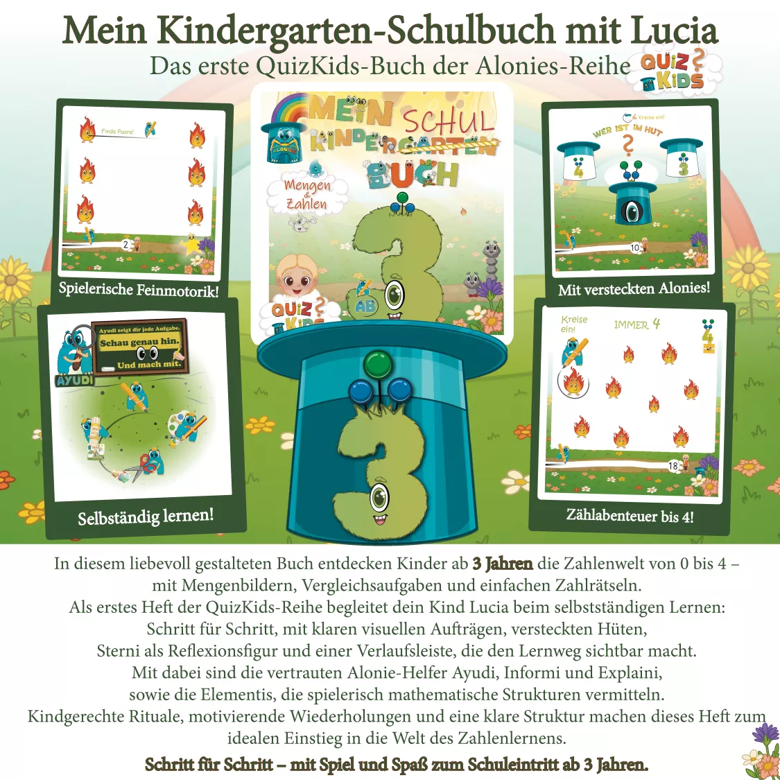 Vorschulbuch ab 3 Jahren mit Zahlen bis 3, Verlaufsspuren, Medaille und Ayudi als visuellem Helfer – spielerisches Lernen mit den Alonies und versteckten Hüten.