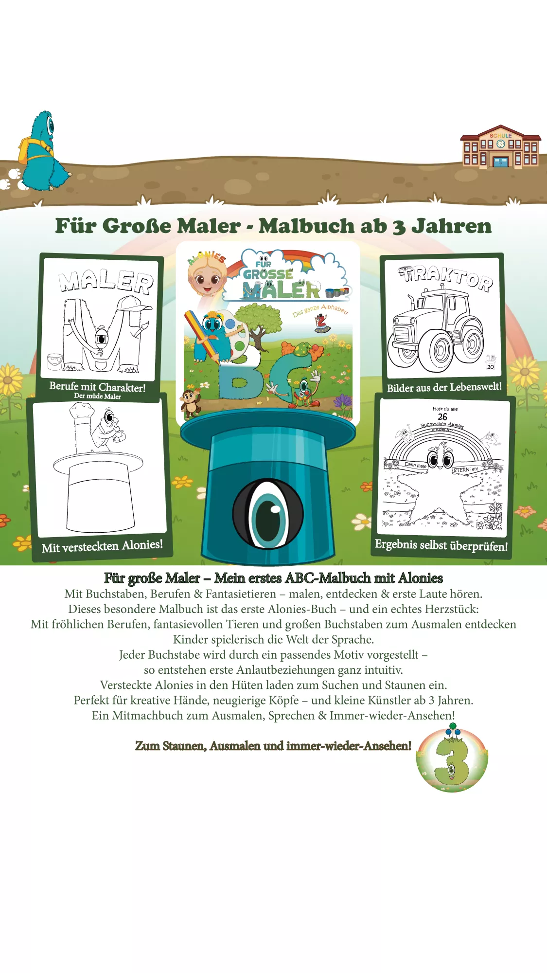 Malbuch ab 3 Jahren mit Aloni-Buchstaben, Berufen, Lebenswelt-Illustrationen und versteckten Hüten – zum Ausmalen, Staunen und spielerischen ABC-Lernen.