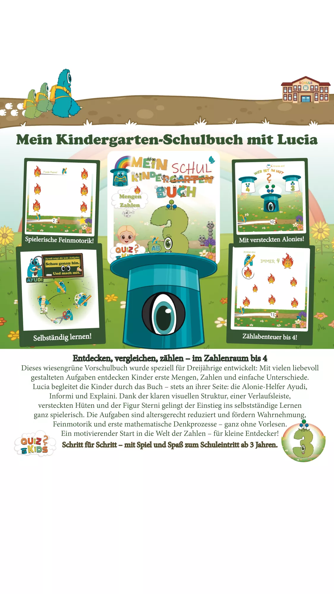Vorschulbuch ab 3 Jahren mit Zahlen bis 3, Verlaufsspuren, Medaille und Ayudi als visuellem Helfer – spielerisches Lernen mit den Alonies und versteckten Hüten.