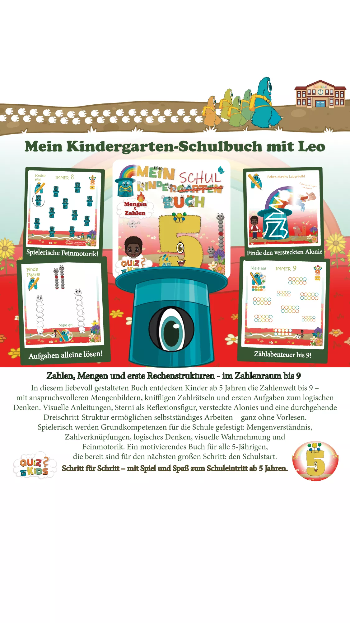 Vorschulbuch ab 5 Jahren mit Zahlenraum bis 9, enger Verlaufsleiste, Lufti als Lernfigur und Aufgaben zum Planen, Vergleichen und selbstständigen Arbeiten.