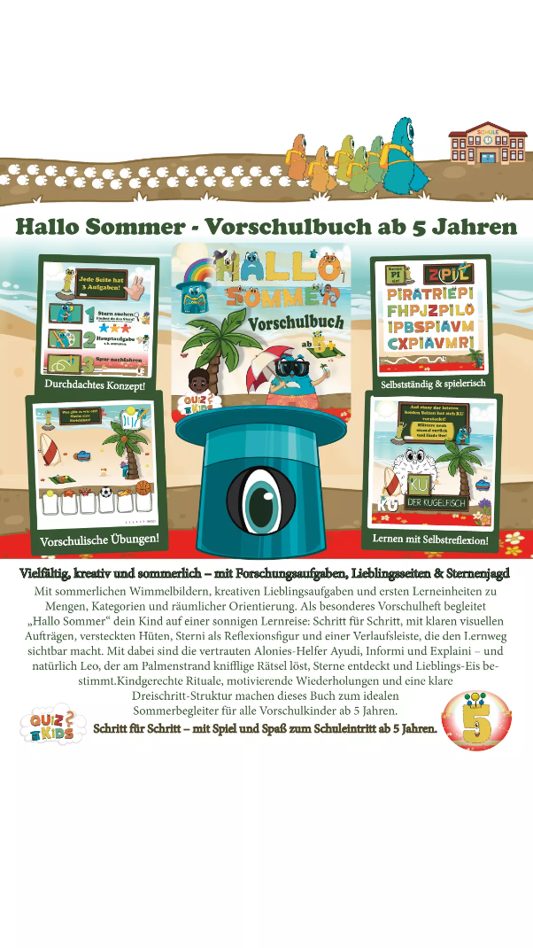 Cover des Vorschulbuchs Hallo Sommer für Kinder ab 5 Jahren – Mitmachbuch mit kindgerechter Sommerillustration, Leo am Strand, Zylinderhut-Symbol der Alonies, buntem Titelbild und dem Slogan „Schritt für Schritt – mit Spiel und Spaß zum Schuleintritt“