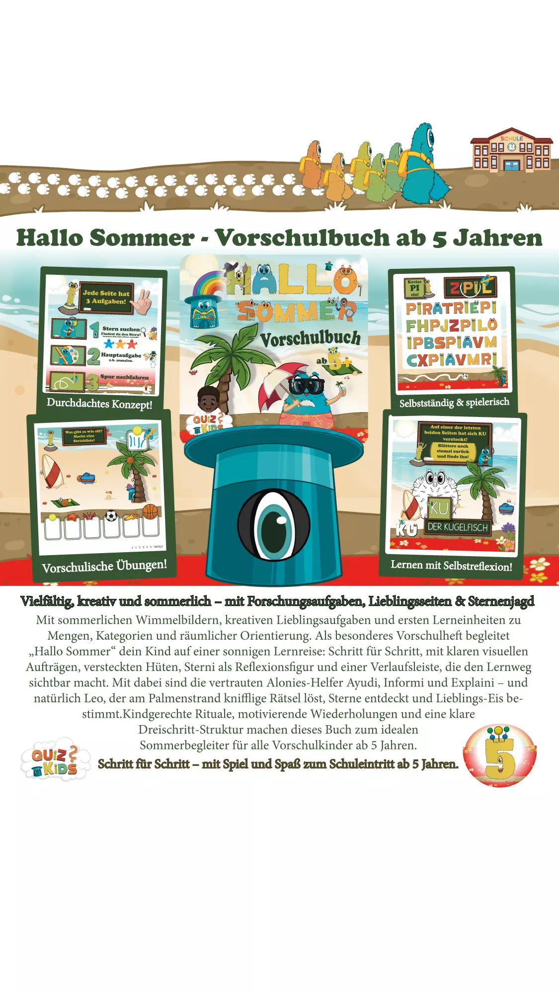 Cover des Vorschulbuchs Hallo Sommer für Kinder ab 5 Jahren – Mitmachbuch mit kindgerechter Sommerillustration, Leo am Strand, Zylinderhut-Symbol der Alonies, buntem Titelbild und dem Slogan „Schritt für Schritt – mit Spiel und Spaß zum Schuleintritt“