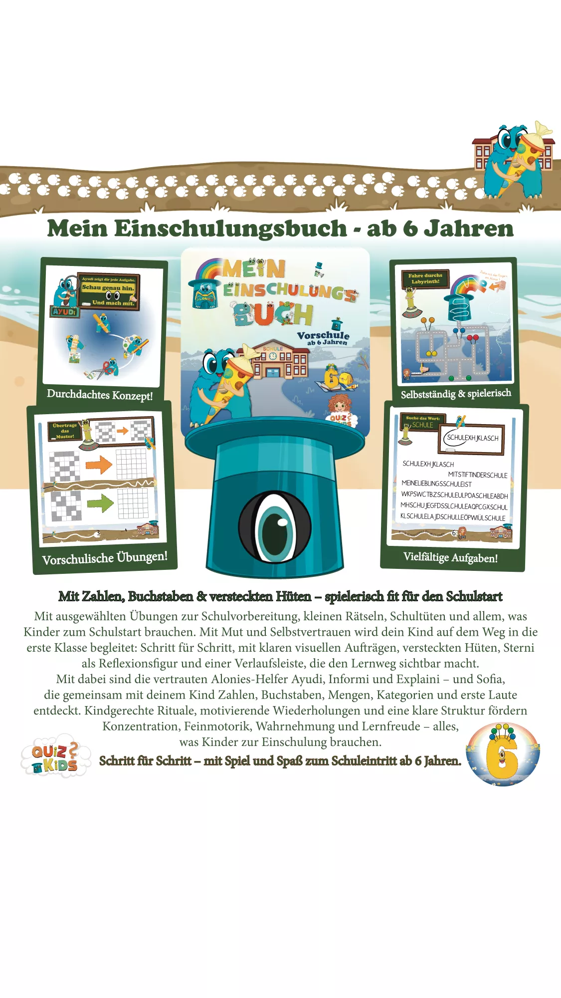 inschulungsbuch ab 6 Jahren mit den Alonies – spielerisch und selbstständig lernen. Vielfältige vorschulische Übungen zu Zahlen, Buchstaben, Konzentration und Feinmotorik. Durchdachtes Konzept zur Schulvorbereitung – Schritt für Schritt mit Spiel und Spaß zum Schuleintritt. Ideal als Geschenk für die Schultüte.