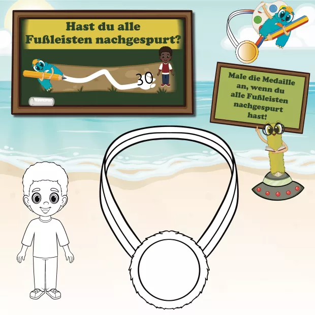 Fußspuren leiten durch die Seiten – Kinder sehen, wo sie sind, was noch kommt und erleben sichtbaren Lernfortschritt.