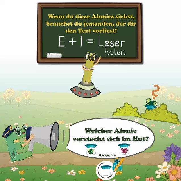Die Figuren Ayudi, Informi und Explaini unterstützen beim Verstehen und Vorlesen – kindgerecht visualisiert für selbstständiges Lernen.