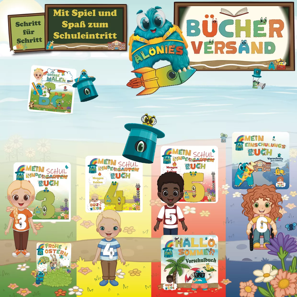 ntdecke die Bücher der Alonies – differenzierte Lernbücher für Kinder ab 3, 4 und 5 Jahren: mit Lucia auf der grünen Wiese, Finn auf der gelben Wiese und Leo auf der roten Wiese. Die beliebten QuizKids und Kindergarten-Schulbücher fördern spielerisches Lernen, Zahlenverständnis und Selbstständigkeit.