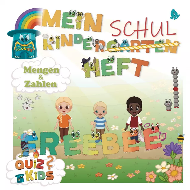 Titelbild des Alonies-Freebies „Kindergarten-Schulheft“. Das Cover zeigt Ayudi vor einem farbenfrohen Hintergrund mit Verlaufsspuren und Sternsymbolen. Das Vorschulheft richtet sich an Kinder ab 3 Jahren und vermittelt mit klarer Struktur, visuellen Aufgaben und einem motivierenden Aufbau einen ersten Einblick in die dreiteilige Schulbuchreihe für Kindergartenkinder.
