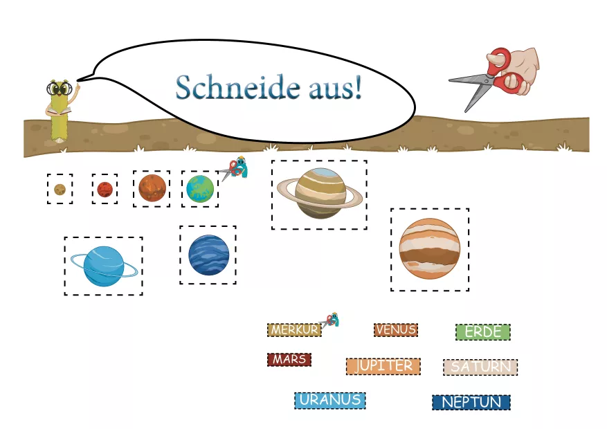Informi erklärt die Ausschneideseite des Planeten-Freebies: Planeten in unterschiedlichen Größen und Farben mit farblich passenden Namensschildern, ideal für Kinder ohne Lesekompetenz. Fördert Feinmotorik und visuelle Wahrnehmung. Informi erklärt die Ausschneideseite des Planeten-Freebies: Planeten in unterschiedlichen Größen und Farben mit farblich passenden Namensschildern, ideal für Kinder ohne Lesekompetenz. Fördert Feinmotorik und visuelle Wahrnehmung.