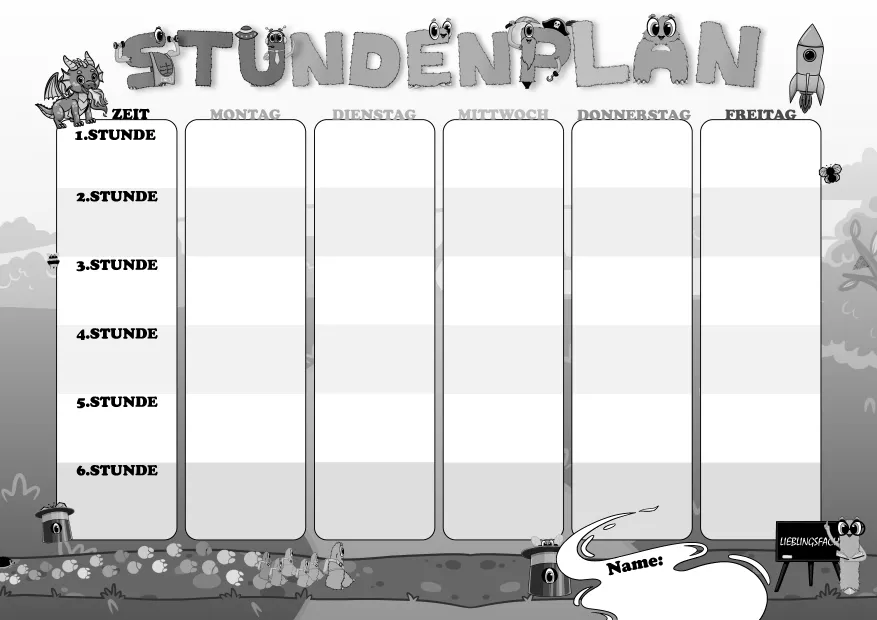 Bunter, kindgerechter Stundenplan für die Grundschule mit fröhlichen Alonies-Illustrationen. Übersicht von Montag bis Freitag, erste bis sechste Stunde klar erkennbar. Perfekt für Schulanfang und Einschulung. Liebevoll gestaltetes Design mit versteckten Alonies im Zylinderhut, die Kinder spielerisch suchen und benennen können. Fördert Organisation, Selbstständigkeit und Freude am Schulstart. Ideal als Einschulungsgeschenk oder für den Klassenraum.