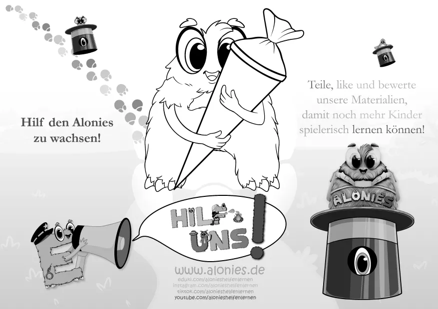 Rückseite des Alonies-Stundenplans mit Ausmalmotiv „Ayudi mit Schultüte“. Kinder können die Figur bunt gestalten und dabei die Alonies entdecken. Zusätzlich Hinweise zu den Alonies auf YouTube, Pinterest, TikTok und Eduki. Mit motivierender Botschaft: „Die Alonies brauchen deine Hilfe, um weiter zu wachsen – teile die Materialien, kommentiere, like und unterstütze die Alonies.“ Kreative Ergänzung zum Stundenplan, die Schulorganisation und Ausmalspaß verbindet.