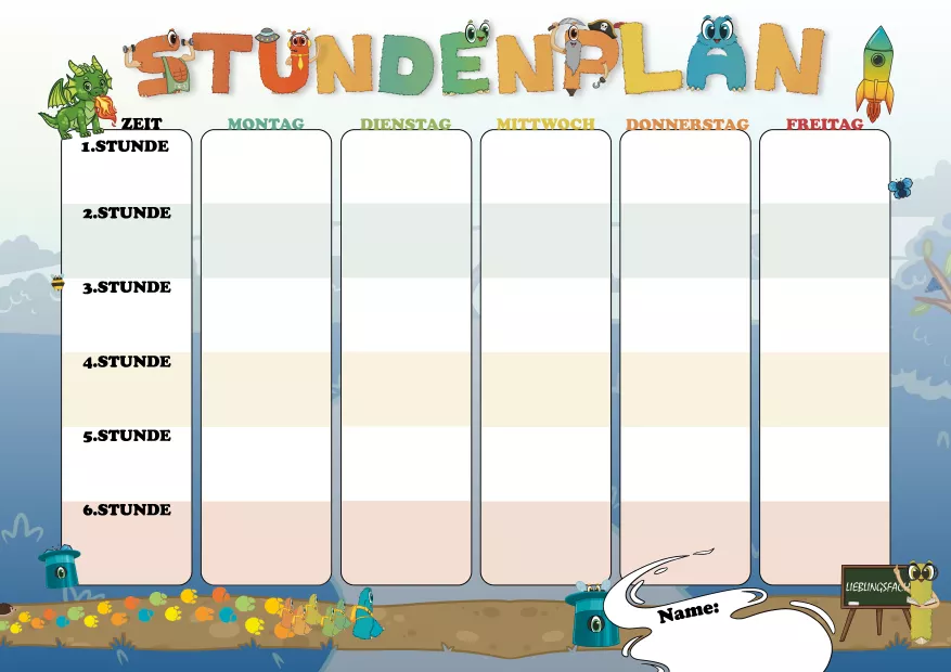 Bunter, kindgerechter Stundenplan für die Grundschule mit fröhlichen Alonies-Illustrationen. Übersicht von Montag bis Freitag, erste bis sechste Stunde klar erkennbar. Perfekt für Schulanfang und Einschulung. Liebevoll gestaltetes Design mit versteckten Alonies im Zylinderhut, die Kinder spielerisch suchen und benennen können. Fördert Organisation, Selbstständigkeit und Freude am Schulstart. Ideal als Einschulungsgeschenk oder für den Klassenraum.