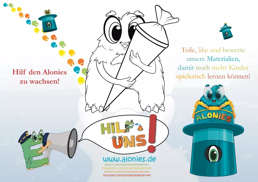 Rückseite des Alonies-Stundenplans mit Ausmalmotiv „Ayudi mit Schultüte“. Kinder können die Figur bunt gestalten und dabei die Alonies entdecken. Zusätzlich Hinweise zu den Alonies auf YouTube, Pinterest, TikTok und Eduki. Mit motivierender Botschaft: „Die Alonies brauchen deine Hilfe, um weiter zu wachsen – teile die Materialien, kommentiere, like und unterstütze die Alonies.“ Kreative Ergänzung zum Stundenplan, die Schulorganisation und Ausmalspaß verbindet.