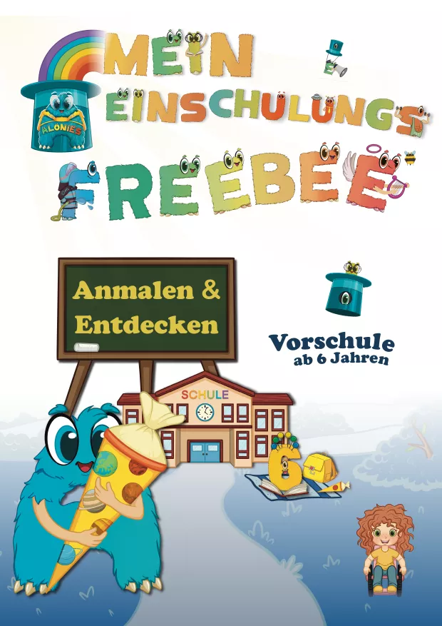 Cover des kostenlosen Einschulungs-Freebies der Alonies: ein Schulhof zum Anmalen, fünf versteckte Alonies entdecken und eine Fußspur nachspuren – kreatives Lernmaterial zur Einschulung.