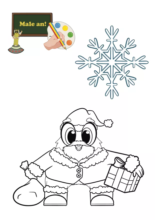 Ayudi mit Geschenksack, Eimer und Schneeflocke  Ayudi steht fröhlich mit seinem großen Geschenksack, einem Eimer und einer Tüte voller Geschenke in einer Schneelandschaft. Kinder malen die winterliche Szene bunt aus und üben spielerisch Kreativität, Farbwahrnehmung und ruhige Handbewegungen. Weihnachtliches Malbild aus dem Alonies-Freebie zum selbstständigen Lernen.
