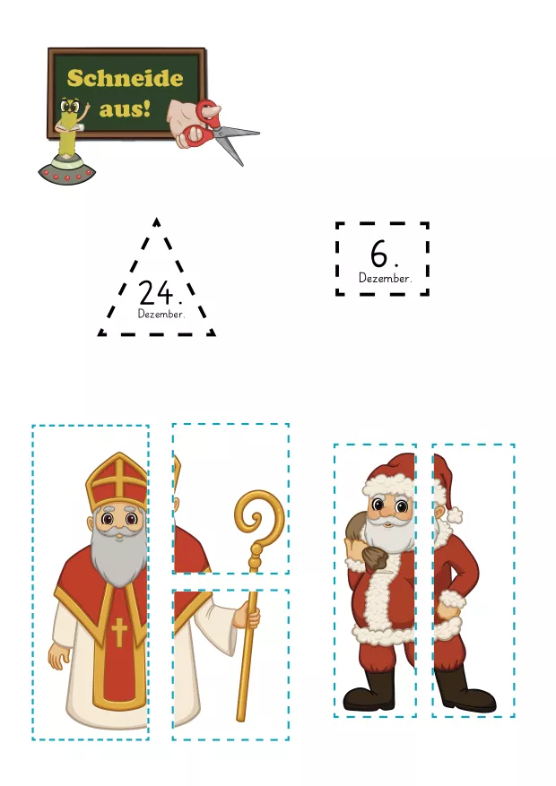 Nikolaus ausschneiden (Teil-Ganzes-Übung)  Nikolaus-Bild aus dem Alonies-Weihnachts-Freebie zum Ausschneiden und Zusammenfügen. Kinder schneiden den Nikolaus in drei Teile, um die Teil-Ganzes-Beziehung zu üben, und kleben ihn anschließend wieder richtig zusammen. Fördert Feinmotorik, visuelle Wahrnehmung und logisches Denken – ideal für Kindergarten und Vorschule.