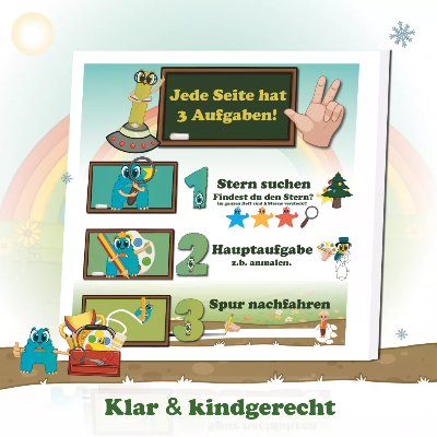Jede Seite im Buch „Frohe Weihnachten mit den Alonies“ enthält drei kleine Aufgaben: Stern finden, Aufgabe lösen, Spur nachfahren. Fördert Konzentration, Selbstständigkeit und Lernfreude.