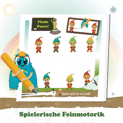 Ayudi macht es vor: Kinder spuren auf jeder Seite die Verlaufsleiste mit kleinen Hindernissen nach – spielerisch trainieren sie Feinmotorik, Handlungskompetenz, Konzentration und selbstständiges Lernen.