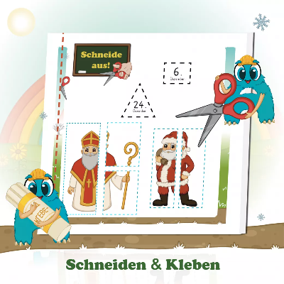 Vorschulaufgabe mit Schere und Kleber – Ayudi zeigt, wie es geht. Kinder üben spielerisch Feinmotorik, schneiden, kleben und gestalten altersgerecht mit den Alonies.