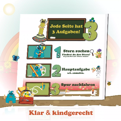 Vorschulseite aus Leos erstem Abenteuer: Mengen vergleichen, Spur mit Hindernissen nachspuren, Sterni entdecken. Drei Aufgaben pro Seite fördern Feinmotorik, Konzentration, visuelle Wahrnehmung und erste Handlungskompetenz ab 5 Jahren im Zahlenraum bis 9.