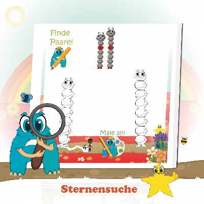 Wimmelbild aus Leos erstem Abenteuer: Mehrere Elementis entdecken und Paare finden. Fördert visuelle Wahrnehmung, genaues Hinsehen, spielerisches Vergleichen und erstes Mengenverständnis – kindgerecht verpackt in einer liebevoll gestalteten Entdeckerseite.