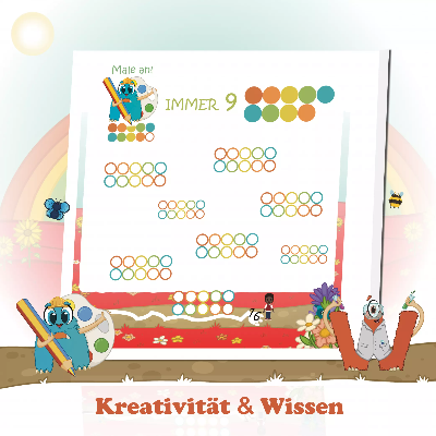 Vorschulseite aus Leos erstem Abenteuer: Menge mit Aloni-Zahl vergleichen. Antennen zeigen kindgerecht die Anzahl. Spielerischer Einstieg in die Mengenzahlverknüpfung, erstes Vergleichen, Zählen und visuelles Erfassen im Zahlenraum bis 9 ab 5 Jahren.
