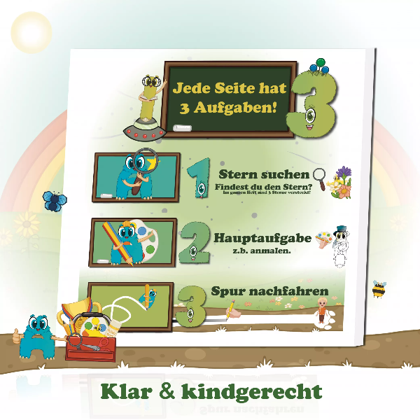 Ayudi zeigt mit Stift, Schere und Kleber die klare Struktur im Alonies-Heft: 1. Finde einen der drei versteckten Sterne, 2. Löse die Hauptaufgabe (z. B. anmalen, verbinden, Paare finden), 3. Spure die Fußleiste sorgfältig nach. Dieses Ritual fördert Konzentration, Feinmotorik und Selbstständigkeit. Ideal für Kindergarten, Vorschule, Förderschule und den inklusiven Unterricht. Spielerisches Lernen mit Struktur – Alonies helfen lernen.