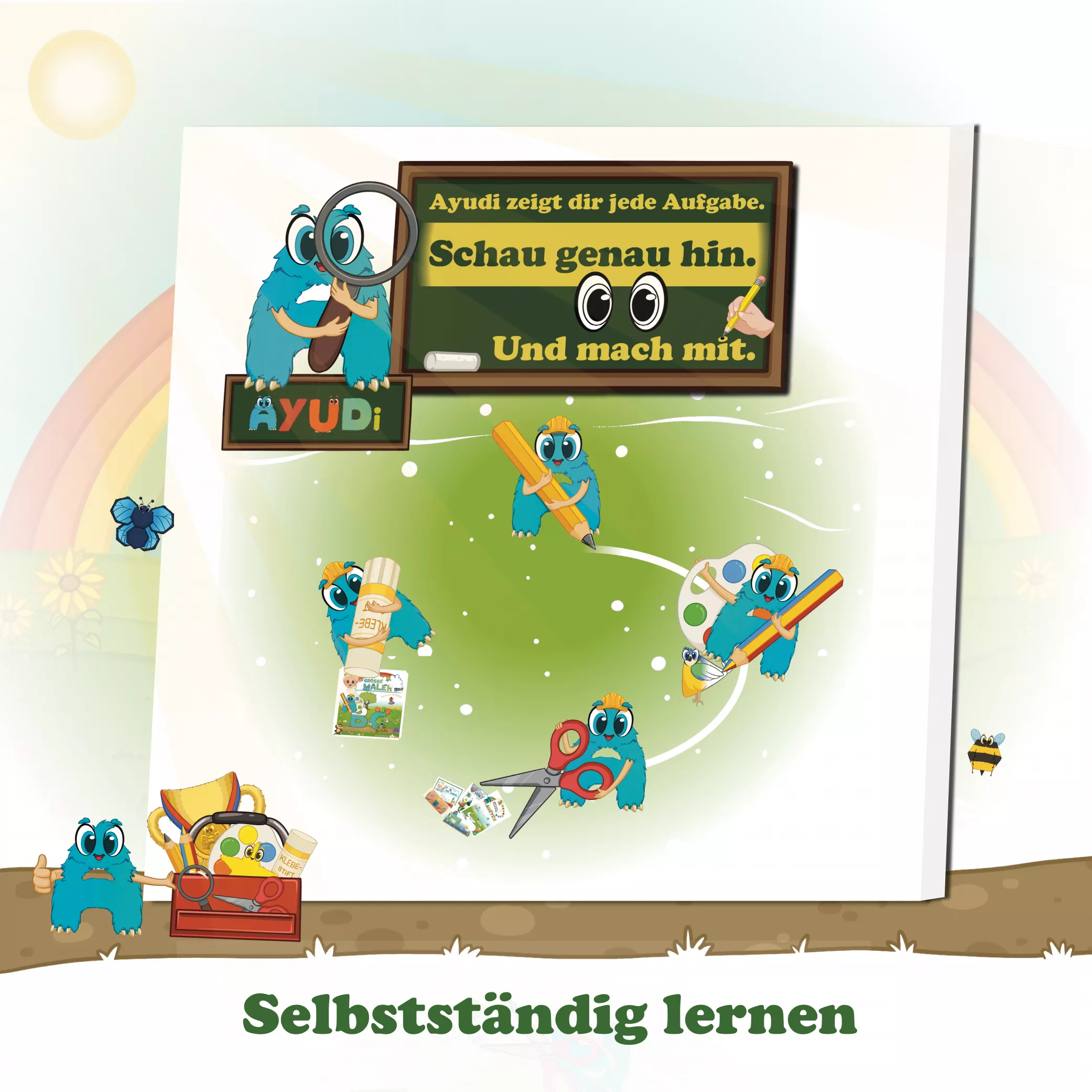 Ayudi zeigt, wie man Aufgaben löst: „Schau genau hin – was hat Ayudi in der Hand?“ Kinder lernen durch Beobachtung, Nachahmung und Selbstständigkeit.