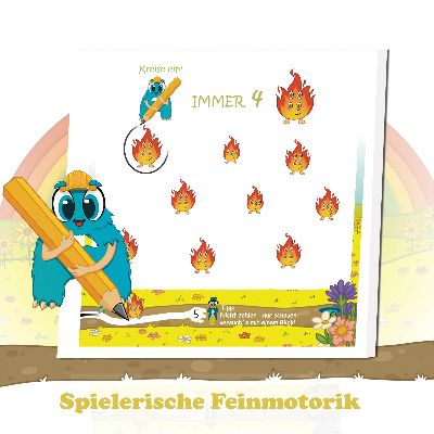 Kind malt seinen Lieblings-Aloni aus – liebevolles Abschlussritual im Vorschulbuch Finns erstes Abenteuer. Fördert Erinnerung, Lernfreude und emotionale Bindung. Spielerisches Lernen mit Zahlen bis 6 für Kinder ab 4 Jahren im Kindergarten.