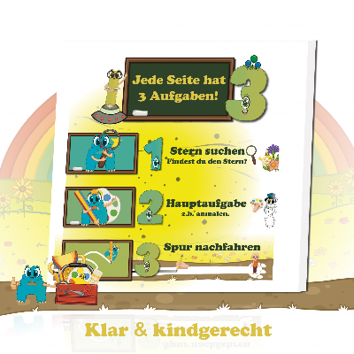 Vorschul-Arbeitsblatt aus Finns erstes Abenteuer für Kinder ab 4 Jahren: Paare finden, Verlaufsspur mit Hindernissen nachspuren, Sterni entdecken. Fördert Feinmotorik, Konzentration, visuelle Wahrnehmung und Handlungskompetenz im Zahlenraum bis 6.