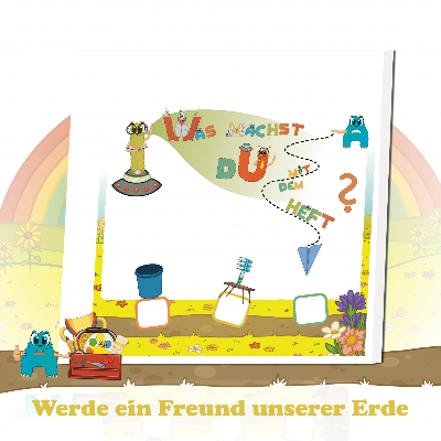 Reflexionsseite aus Finns erstem Abenteuer: Was machst du mit dem Heft? Fördert Umweltbewusstsein, achtsamen Umgang mit Materialien und nachhaltiges Denken. Kinder reflektieren spielerisch, was mit Erarbeitetem passiert – ideal ab 4 Jahren.